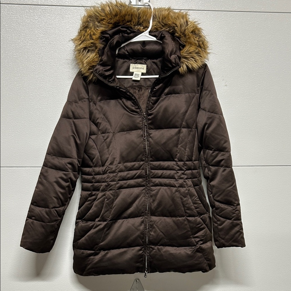 St. John's Bay Dark Brown Puffer Jacket with Faux Fur Hood